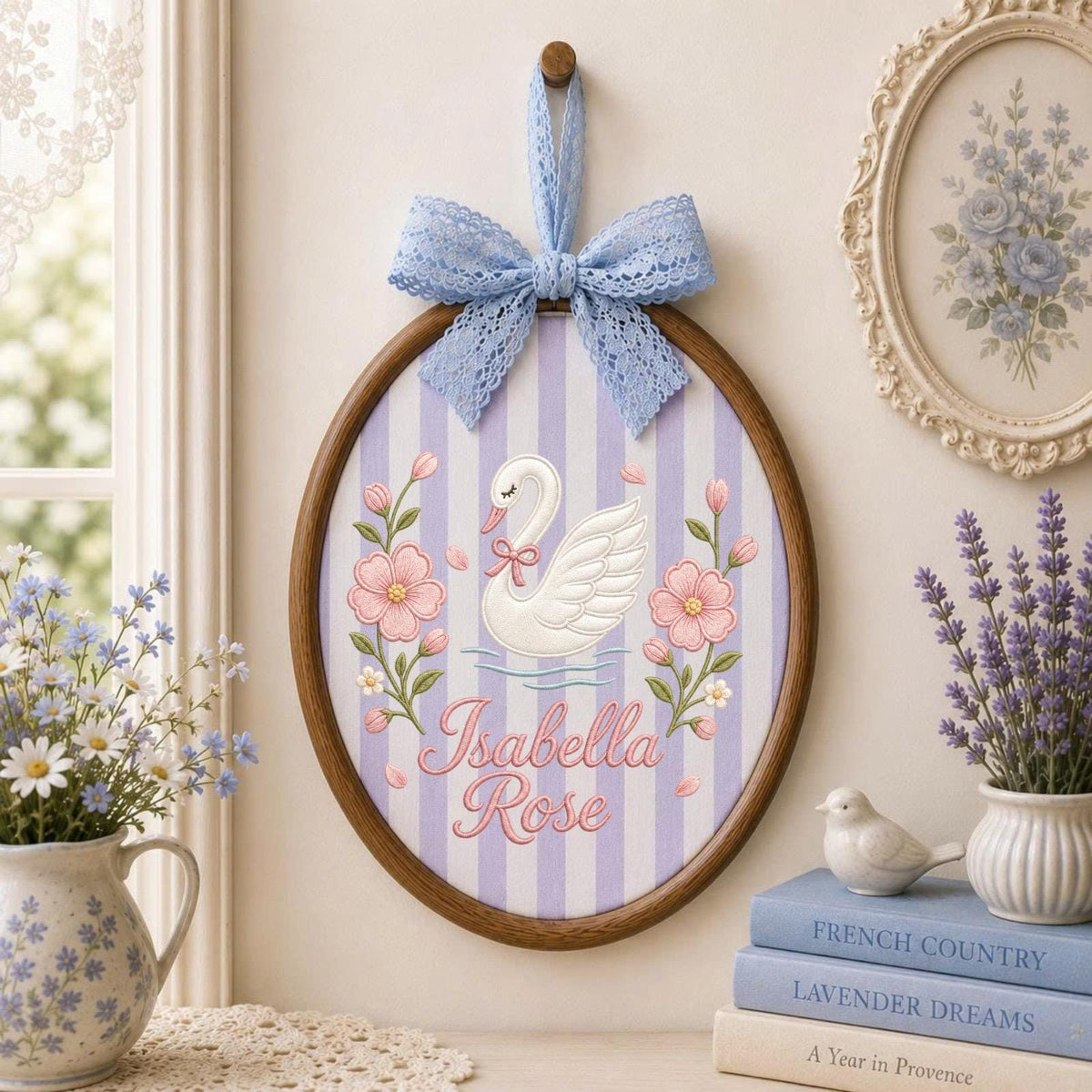 Personalized Embroidered Ornament, Swan Name Hoop, Floral Baby Girl Nursery Decor, Custom Newborn Gift, Baby Shower Keepsake