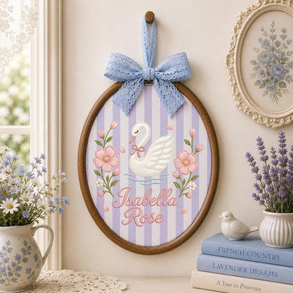 Personalized Embroidered Ornament, Swan Name Hoop, Floral Baby Girl Nursery Decor, Custom Newborn Gift, Baby Shower Keepsake