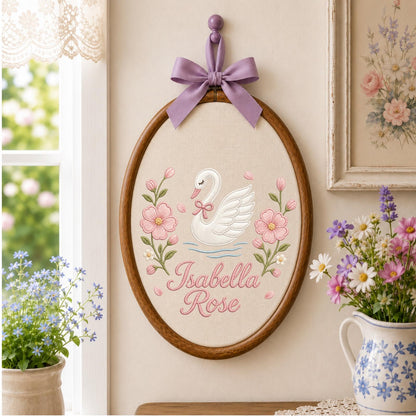 Personalized Embroidered Ornament, Swan Name Hoop, Floral Baby Girl Nursery Decor, Custom Newborn Gift, Baby Shower Keepsake