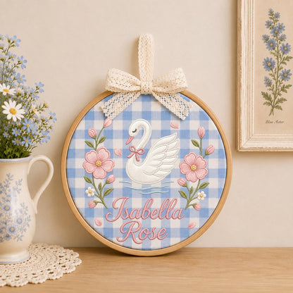 Personalized Embroidered Ornament, Swan Name Hoop, Floral Baby Girl Nursery Decor, Custom Newborn Gift, Baby Shower Keepsake