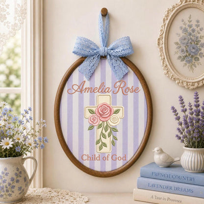 Personalized Embroidered Ornament, Floral Cross Name Hoop, Child of God Nursery Decor, Baptism Gift, Christian Baby Keepsake