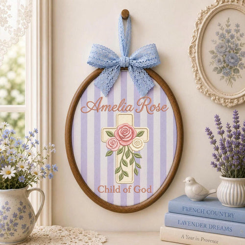 Personalized Embroidered Ornament, Floral Cross Name Hoop, Child of God Nursery Decor, Baptism Gift, Christian Baby Keepsake