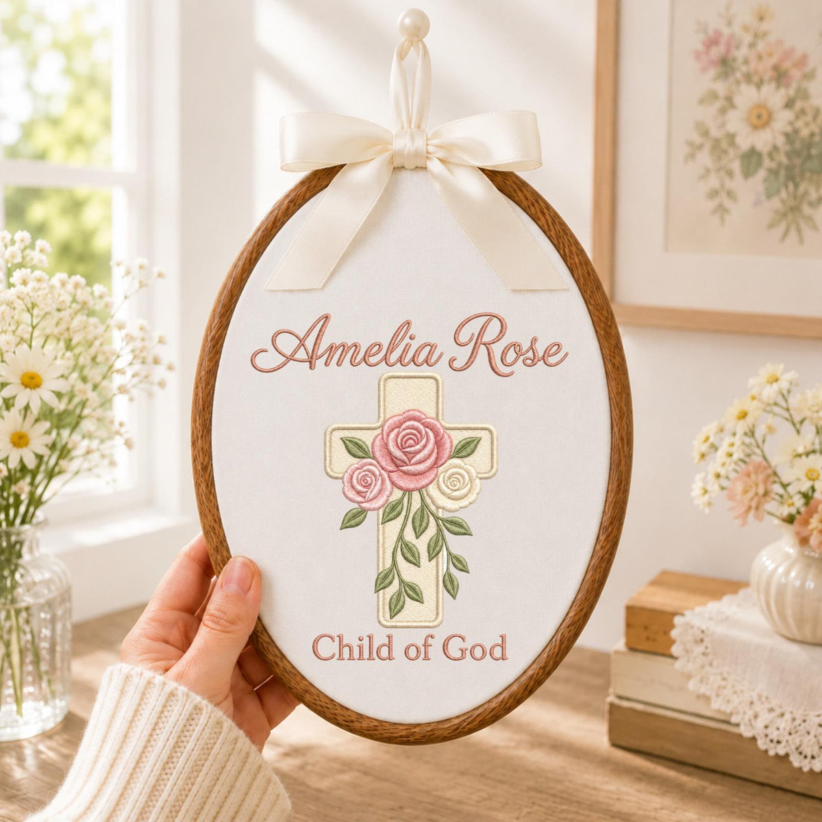 Personalized Embroidered Ornament, Floral Cross Name Hoop, Child of God Nursery Decor, Baptism Gift, Christian Baby Keepsake