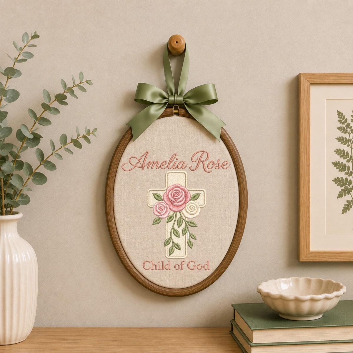 Personalized Embroidered Ornament, Floral Cross Name Hoop, Child of God Nursery Decor, Baptism Gift, Christian Baby Keepsake