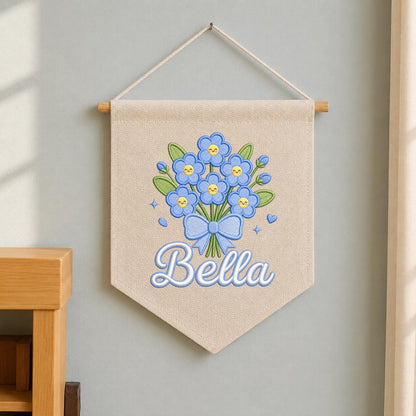 Personalized Embroidered Linen Banner, Blue Forget Me Not Floral Nursery Decor