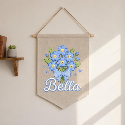 Personalized Embroidered Linen Banner, Blue Forget Me Not Floral Nursery Decor
