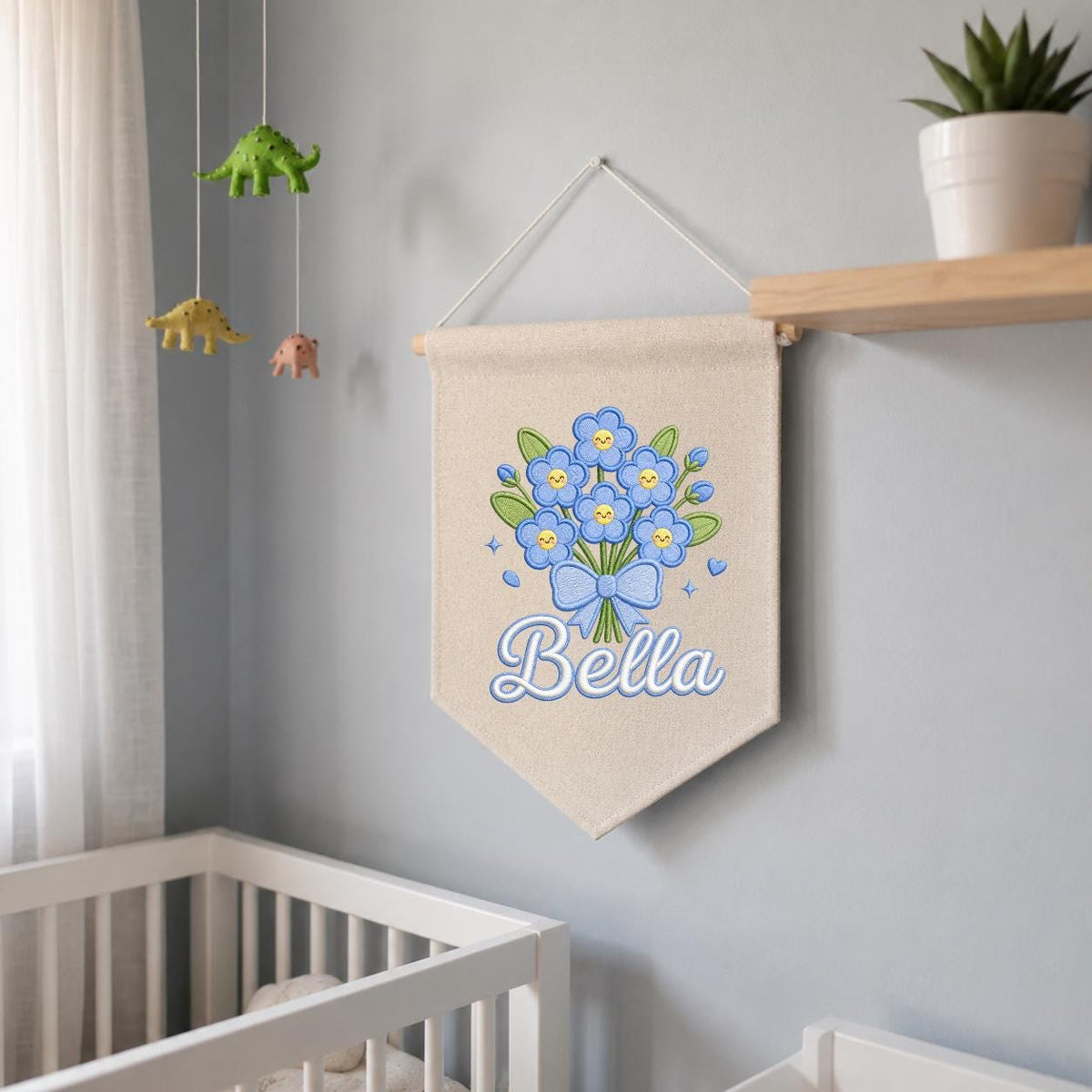 Personalized Embroidered Linen Banner, Blue Forget Me Not Floral Nursery Decor