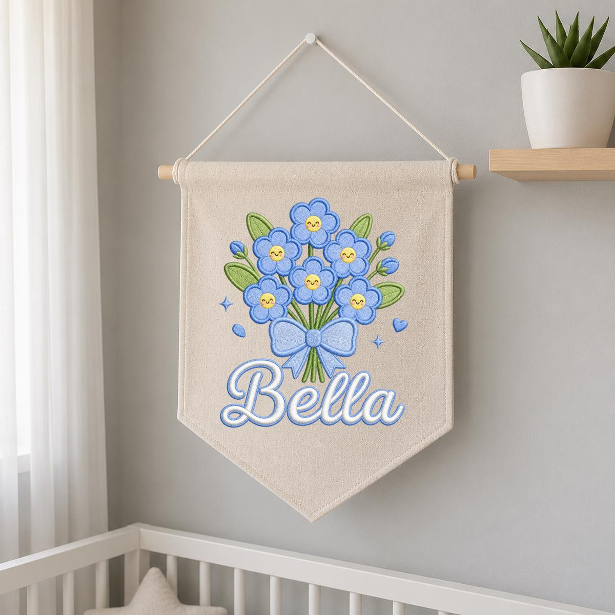 Personalized Embroidered Linen Banner, Blue Forget Me Not Floral Nursery Decor