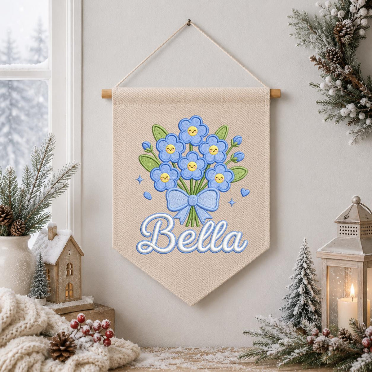 Personalized Embroidered Linen Banner, Blue Forget Me Not Floral Nursery Decor