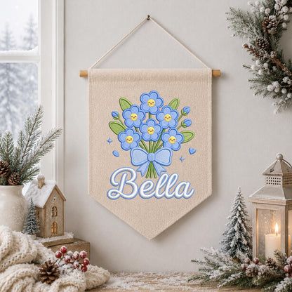 Personalized Embroidered Linen Banner, Blue Forget Me Not Floral Nursery Decor