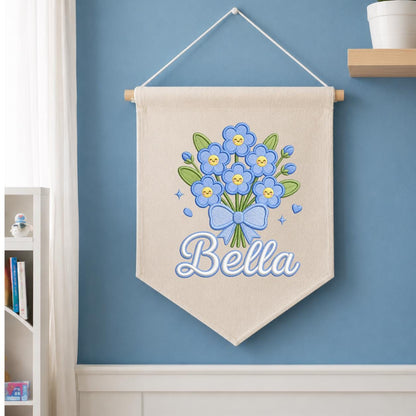 Personalized Embroidered Linen Banner, Blue Forget Me Not Floral Nursery Decor