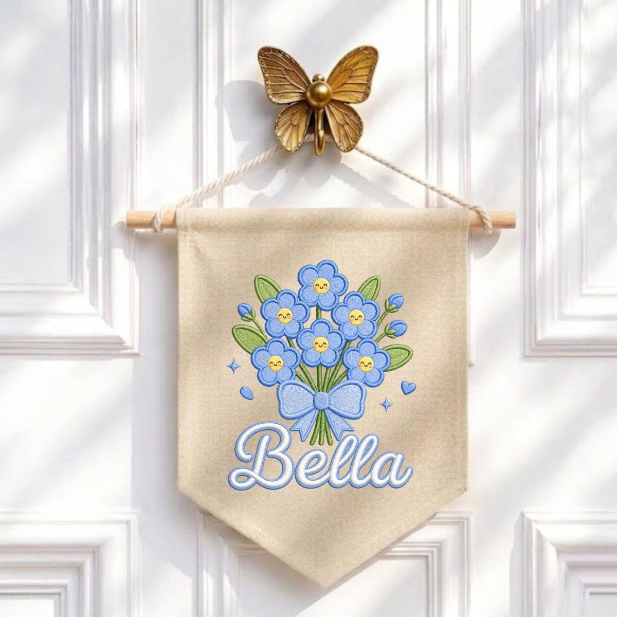 Personalized Embroidered Linen Banner, Blue Forget Me Not Floral Nursery Decor