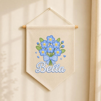 Personalized Embroidered Linen Banner, Blue Forget Me Not Floral Nursery Decor