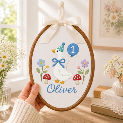 Personalized Embroidered Ornament, Goose 1st Birthday Name Hoop, Custom Baby Birthday Decor, First Birthday Gift, Nursery Keepsake
