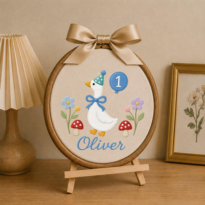 Personalized Embroidered Ornament, Goose 1st Birthday Name Hoop, Custom Baby Birthday Decor, First Birthday Gift, Nursery Keepsake