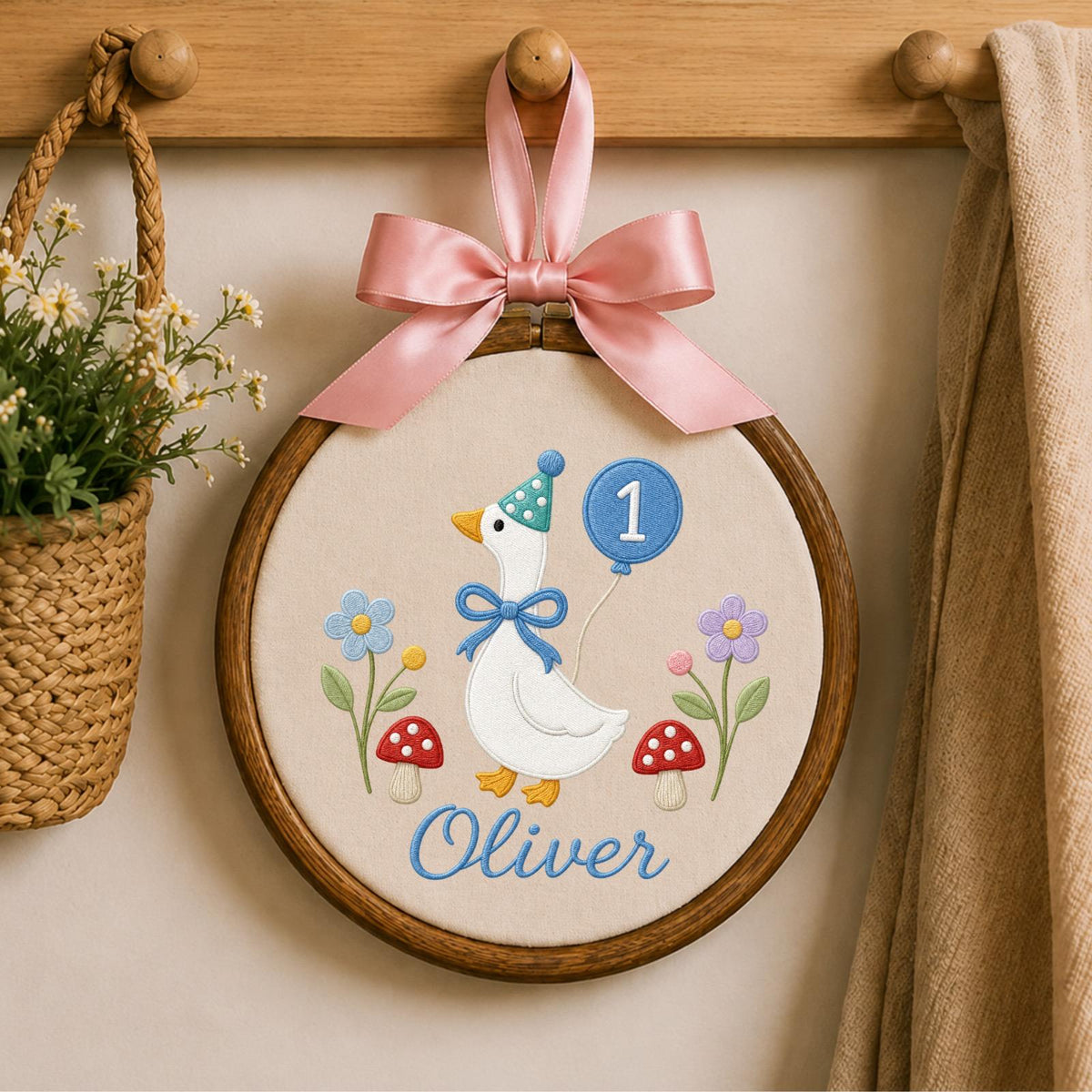 Personalized Embroidered Ornament, Goose 1st Birthday Name Hoop, Custom Baby Birthday Decor, First Birthday Gift, Nursery Keepsake