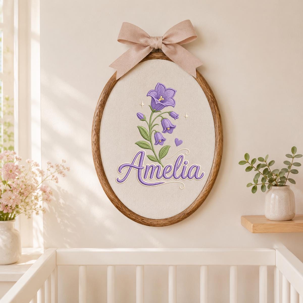 Personalized Embroidered Hoop Art, Custom Name Bellflower Nursery Decor, Lavender Floral Wall Hanging
