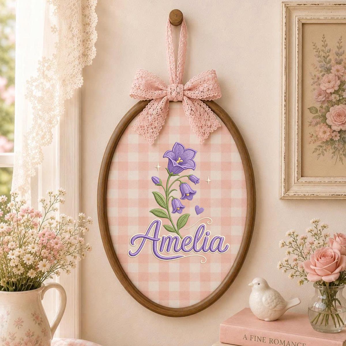 Personalized Embroidered Hoop Art, Custom Name Bellflower Nursery Decor, Lavender Floral Wall Hanging