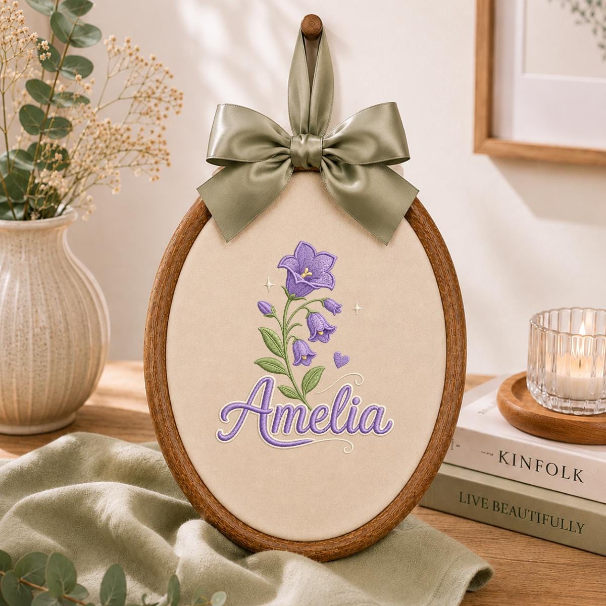 Personalized Embroidered Hoop Art, Custom Name Bellflower Nursery Decor, Lavender Floral Wall Hanging