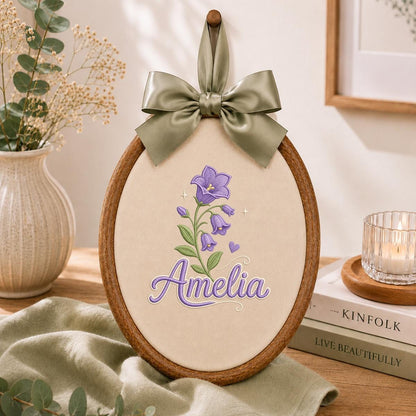 Personalized Embroidered Hoop Art, Custom Name Bellflower Nursery Decor, Lavender Floral Wall Hanging