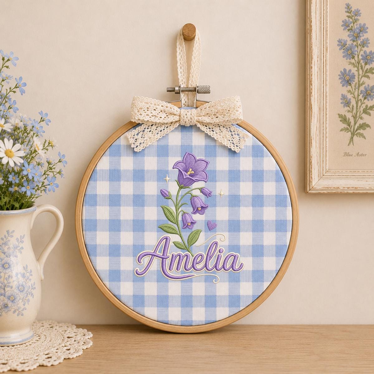 Personalized Embroidered Hoop Art, Custom Name Bellflower Nursery Decor, Lavender Floral Wall Hanging