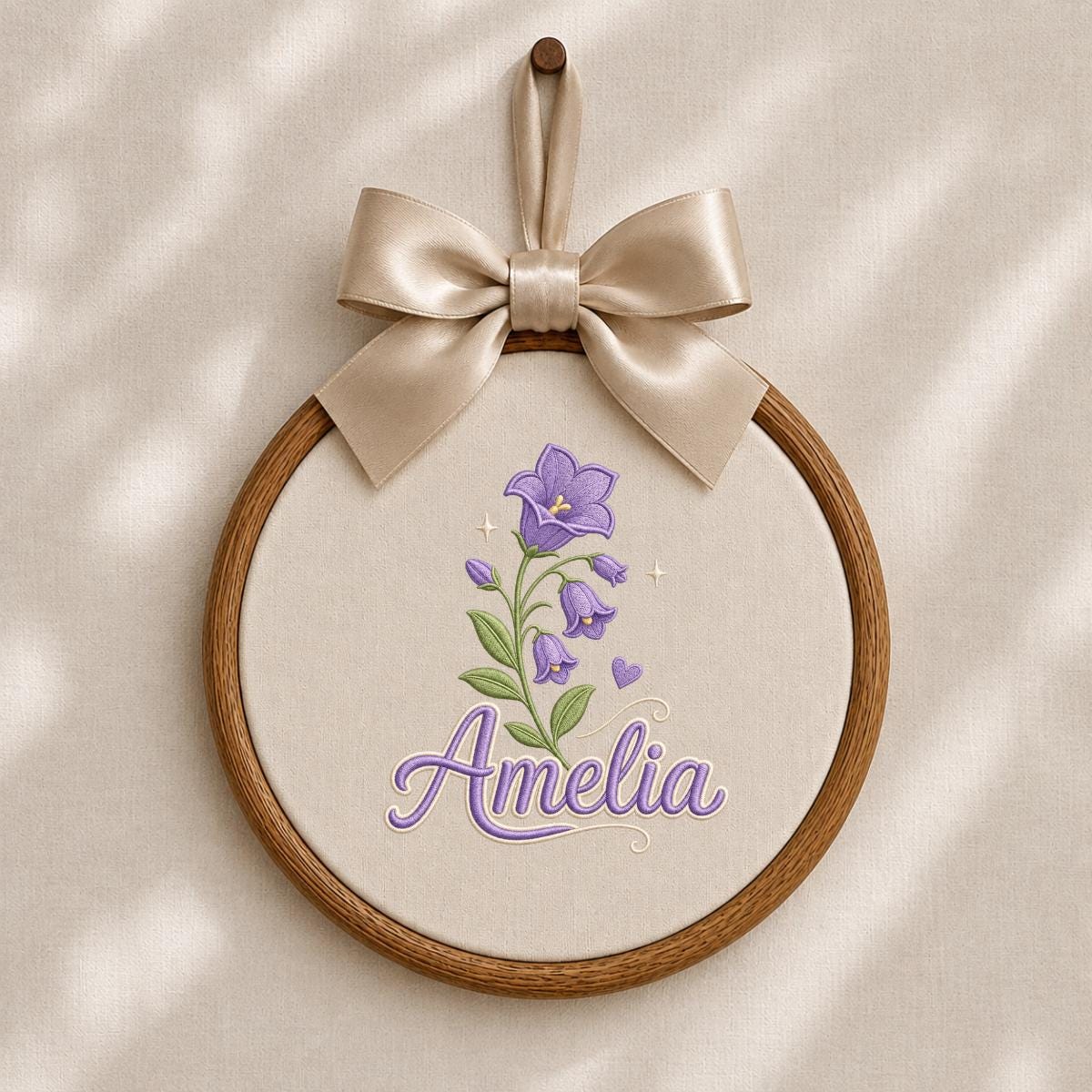 Personalized Embroidered Hoop Art, Custom Name Bellflower Nursery Decor, Lavender Floral Wall Hanging
