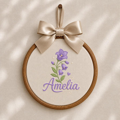 Personalized Embroidered Hoop Art, Custom Name Bellflower Nursery Decor, Lavender Floral Wall Hanging