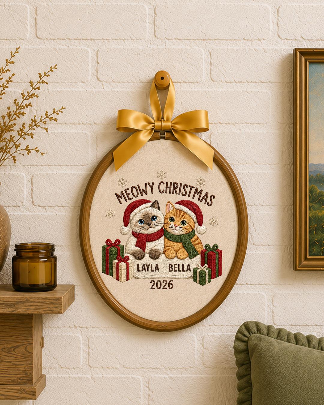 Personalized Christmas Cat Embroidered Ornament, Custom Pet Name Hoop, Meowy Christmas Decor, Cat Lover Gift, Holiday Keepsake