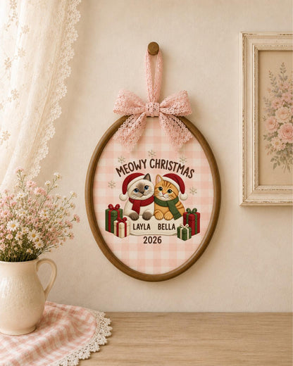 Personalized Christmas Cat Embroidered Ornament, Custom Pet Name Hoop, Meowy Christmas Decor, Cat Lover Gift, Holiday Keepsake