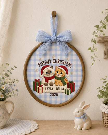 Personalized Christmas Cat Embroidered Ornament, Custom Pet Name Hoop, Meowy Christmas Decor, Cat Lover Gift, Holiday Keepsake
