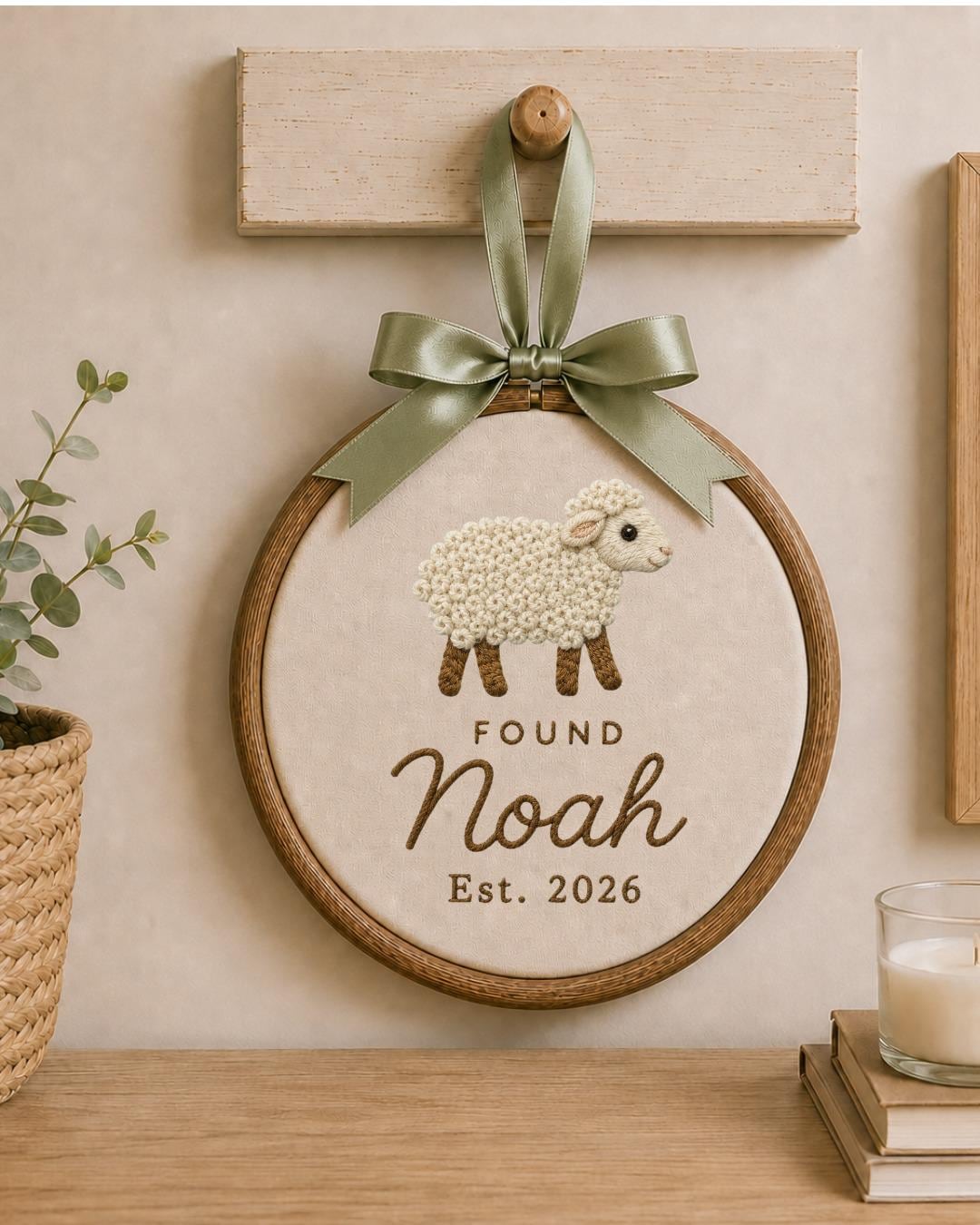 Personalized Sheep Embroidered Ornament, Custom Baby Name Hoop, Found Sheep Nursery Decor, Christian Baby Gift, Newborn Keepsake