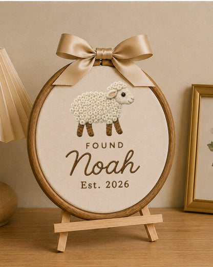 Personalized Sheep Embroidered Ornament, Custom Baby Name Hoop, Found Sheep Nursery Decor, Christian Baby Gift, Newborn Keepsake