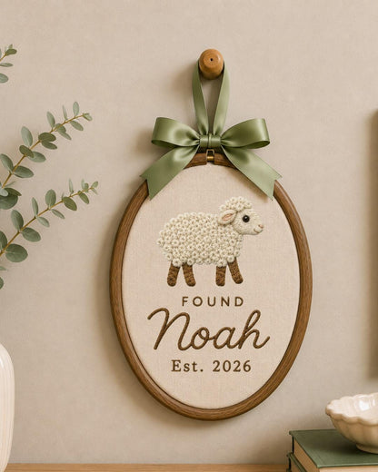 Personalized Sheep Embroidered Ornament, Custom Baby Name Hoop, Found Sheep Nursery Decor, Christian Baby Gift, Newborn Keepsake