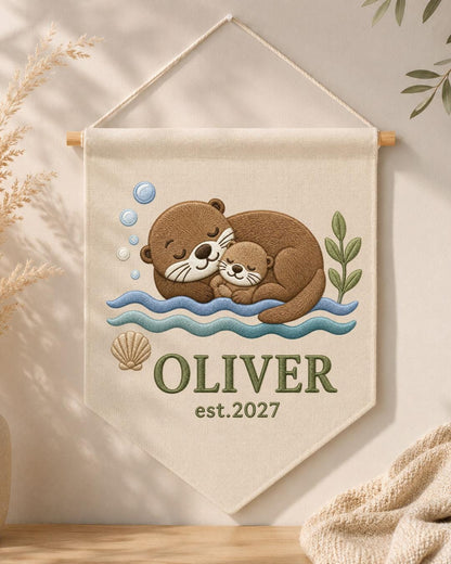Personalized Otter Nursery Wall Hanging, Custom Name Embroidered Banner, Mama and Baby Otter Nursery Decor, Ocean Baby Room Gift