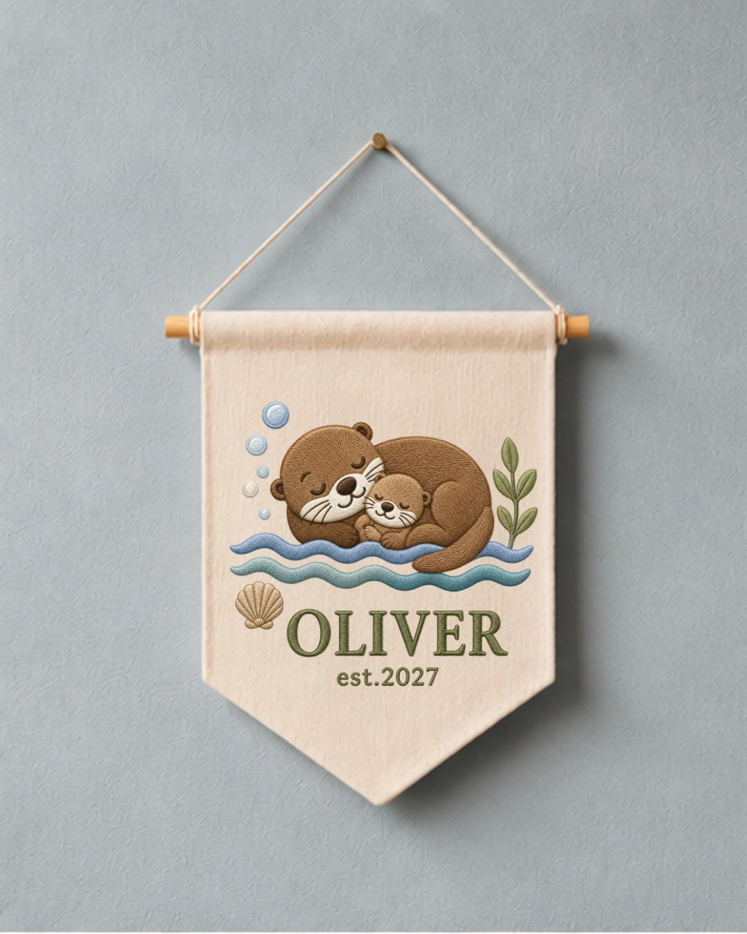 Personalized Otter Nursery Wall Hanging, Custom Name Embroidered Banner, Mama and Baby Otter Nursery Decor, Ocean Baby Room Gift