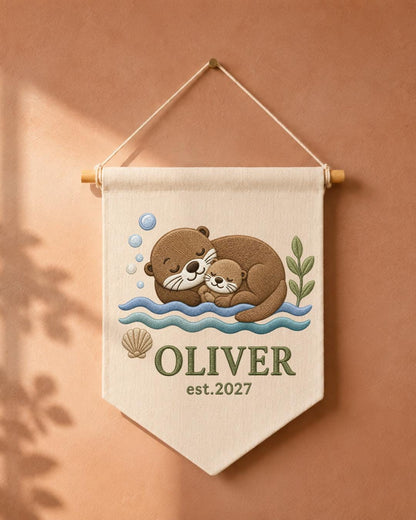 Personalized Otter Nursery Wall Hanging, Custom Name Embroidered Banner, Mama and Baby Otter Nursery Decor, Ocean Baby Room Gift