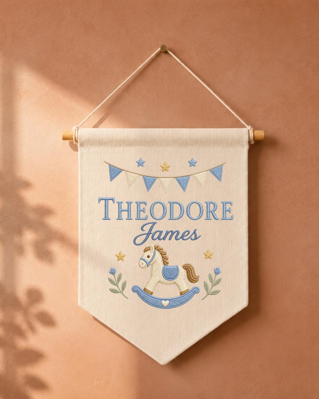 Personalized Rocking Horse Nursery Wall Hanging, Custom Name Embroidered Banner, Baby Boy Nursery Decor, Classic Nursery Gift