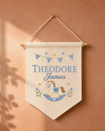 Personalized Rocking Horse Nursery Wall Hanging, Custom Name Embroidered Banner, Baby Boy Nursery Decor, Classic Nursery Gift