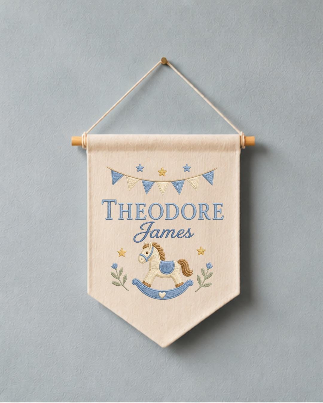 Personalized Rocking Horse Nursery Wall Hanging, Custom Name Embroidered Banner, Baby Boy Nursery Decor, Classic Nursery Gift
