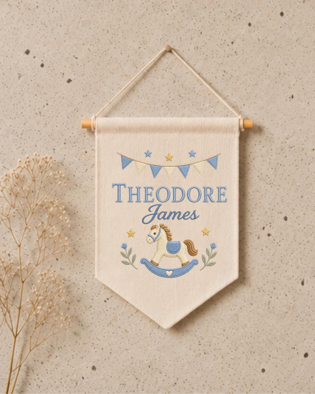 Personalized Rocking Horse Nursery Wall Hanging, Custom Name Embroidered Banner, Baby Boy Nursery Decor, Classic Nursery Gift