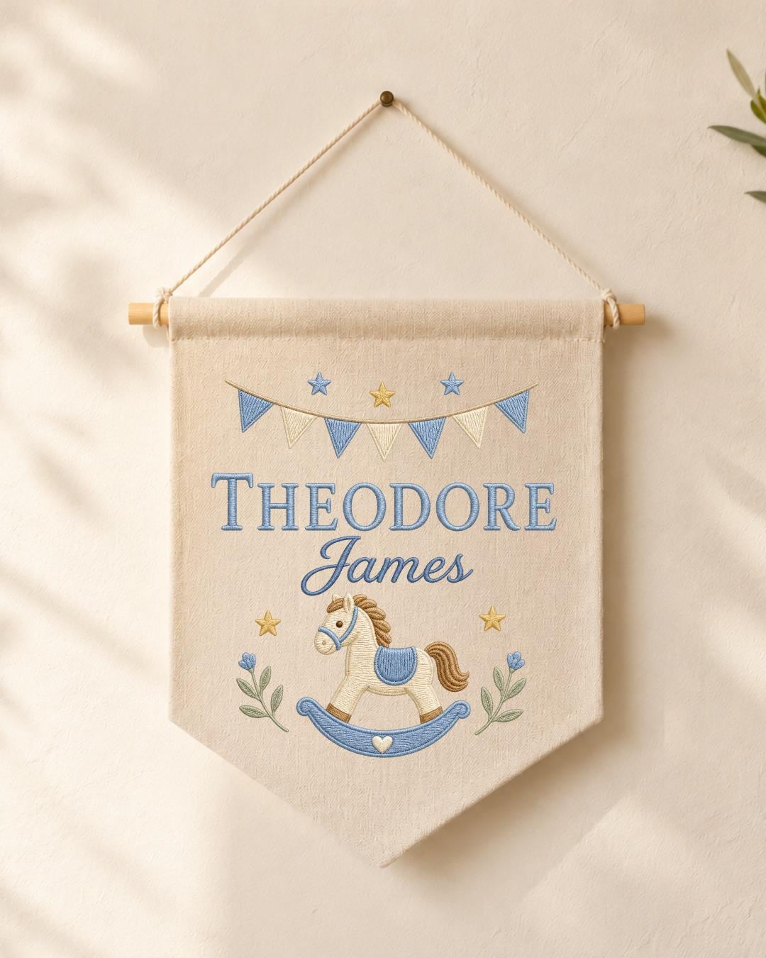 Personalized Rocking Horse Nursery Wall Hanging, Custom Name Embroidered Banner, Baby Boy Nursery Decor, Classic Nursery Gift