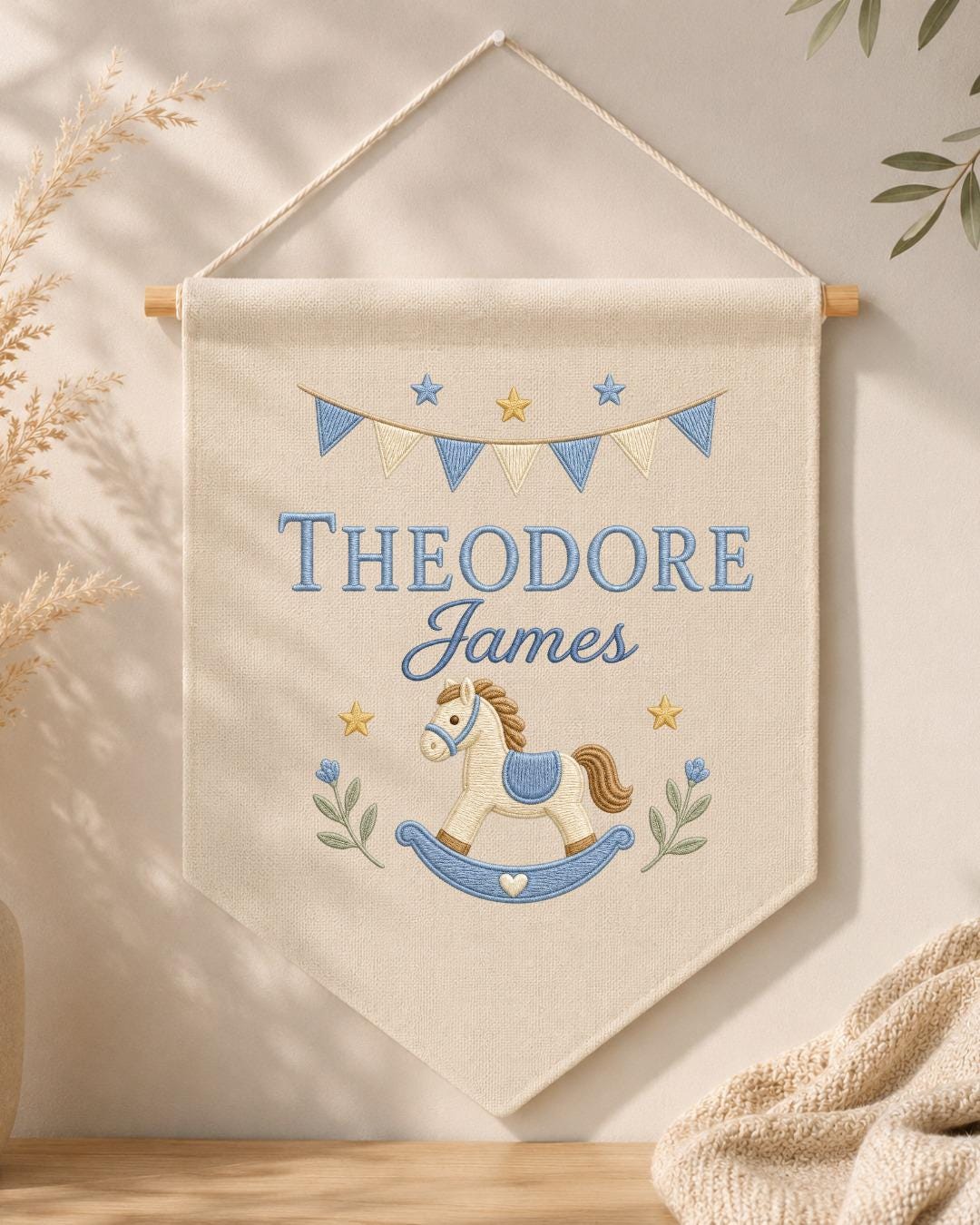 Personalized Rocking Horse Nursery Wall Hanging, Custom Name Embroidered Banner, Baby Boy Nursery Decor, Classic Nursery Gift
