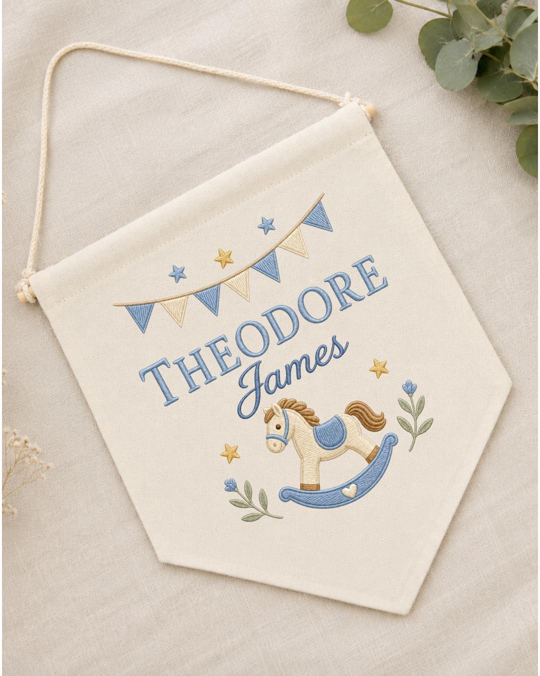 Personalized Rocking Horse Nursery Wall Hanging, Custom Name Embroidered Banner, Baby Boy Nursery Decor, Classic Nursery Gift