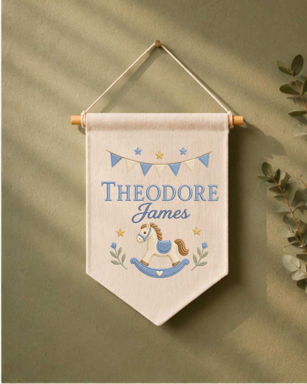 Personalized Rocking Horse Nursery Wall Hanging, Custom Name Embroidered Banner, Baby Boy Nursery Decor, Classic Nursery Gift