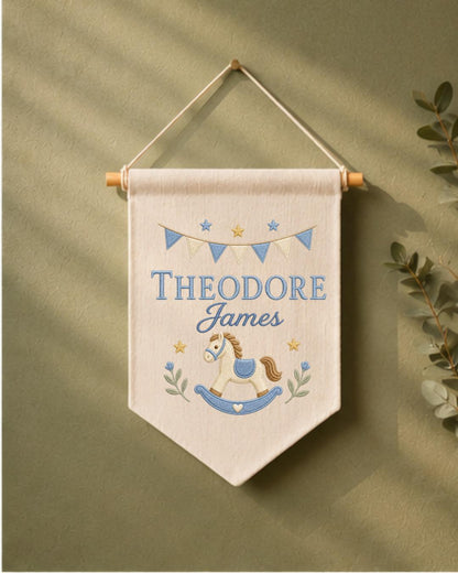Personalized Rocking Horse Nursery Wall Hanging, Custom Name Embroidered Banner, Baby Boy Nursery Decor, Classic Nursery Gift