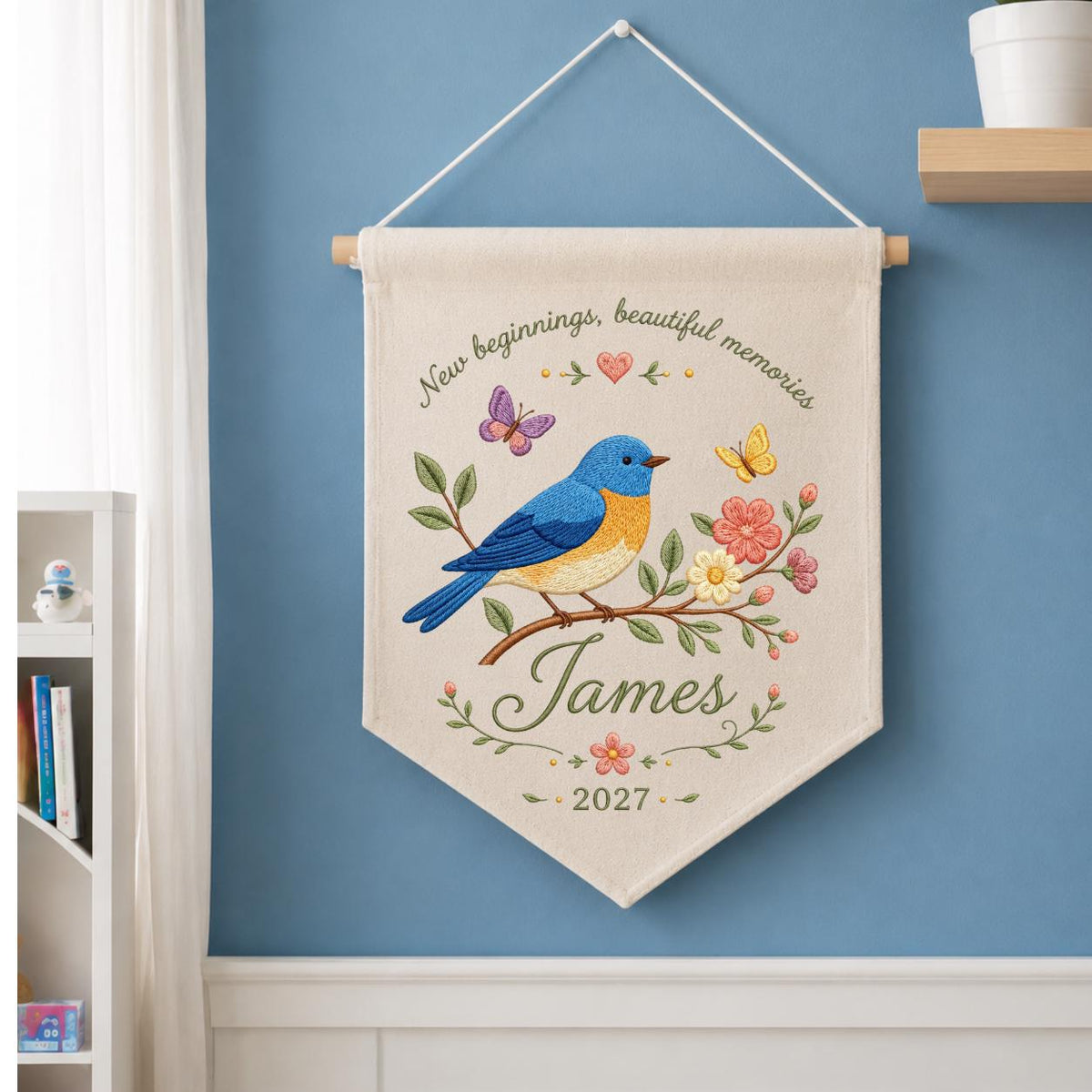Personalized Bluebird Embroidery Banner - Custom Name Wall Hanging - New Beginnings Gift - Hand Stitched Keepsake with Year 2027