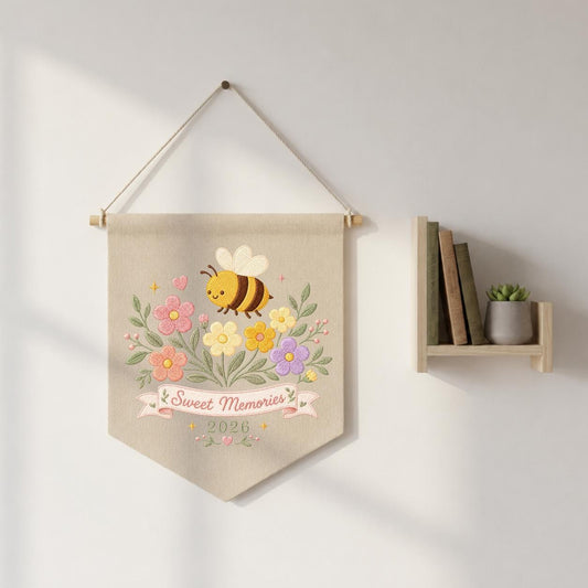 Personalized Sweet Memories 2026 Canvas Pennant Banner, Cute Bee and Flower Embroidered Wall Decor, Cottagecore Keepsake Room Art