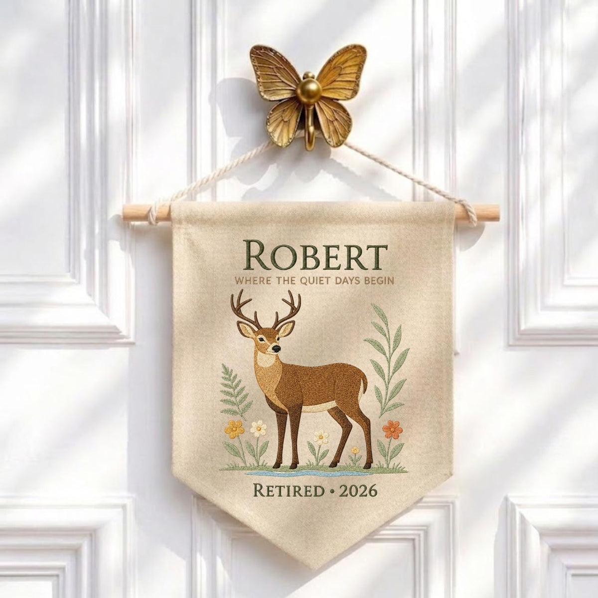 Personalized Woodland Deer Canvas Pennant Banner Decor, Custom Embroidered Wildlife Animal Wall Sign, Outdoor Lover Retirement Keepsake