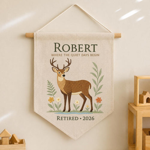 Personalized Woodland Deer Canvas Pennant Banner Decor, Custom Embroidered Wildlife Animal Wall Sign, Outdoor Lover Retirement Keepsake
