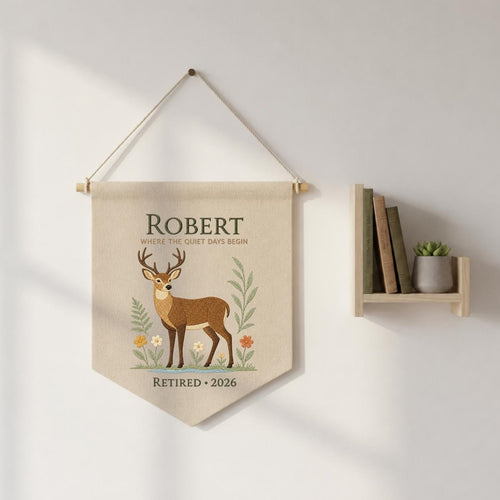 Personalized Woodland Deer Canvas Pennant Banner Decor, Custom Embroidered Wildlife Animal Wall Sign, Outdoor Lover Retirement Keepsake